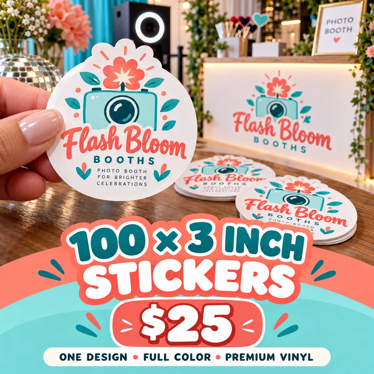 Flash Bloom Booths fictional example: 100 custom 3 inch stickers for $25