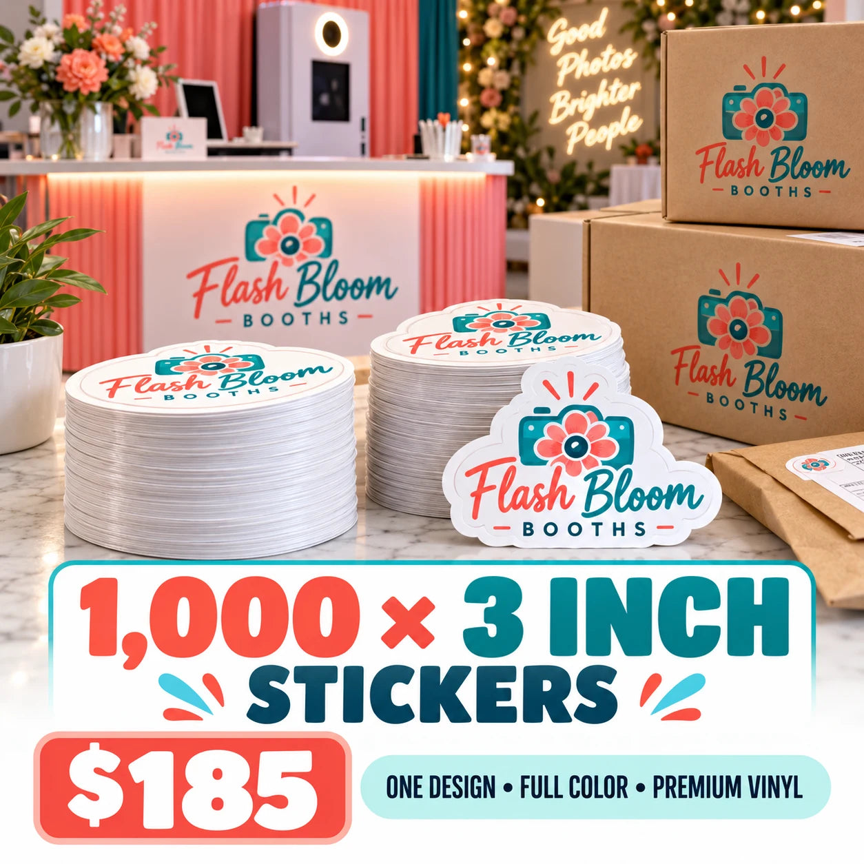 Flash Bloom Booths fictional example: 1000 custom 3 inch stickers for $185