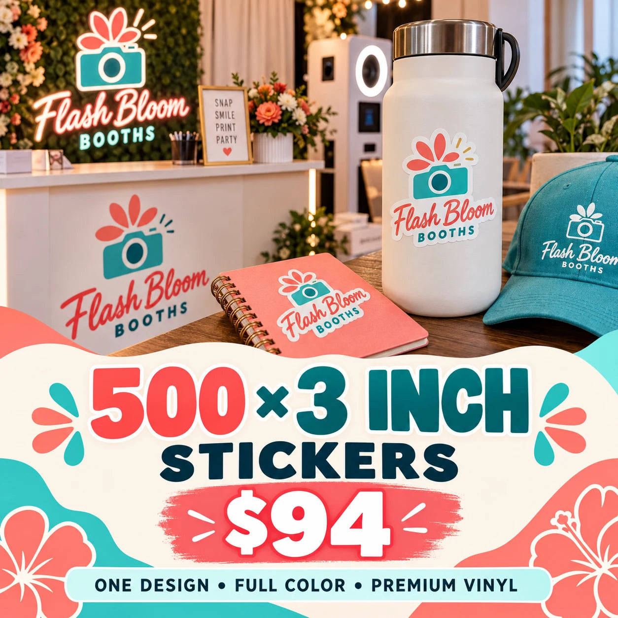 Flash Bloom Booths fictional example: 500 custom 3 inch stickers for $94