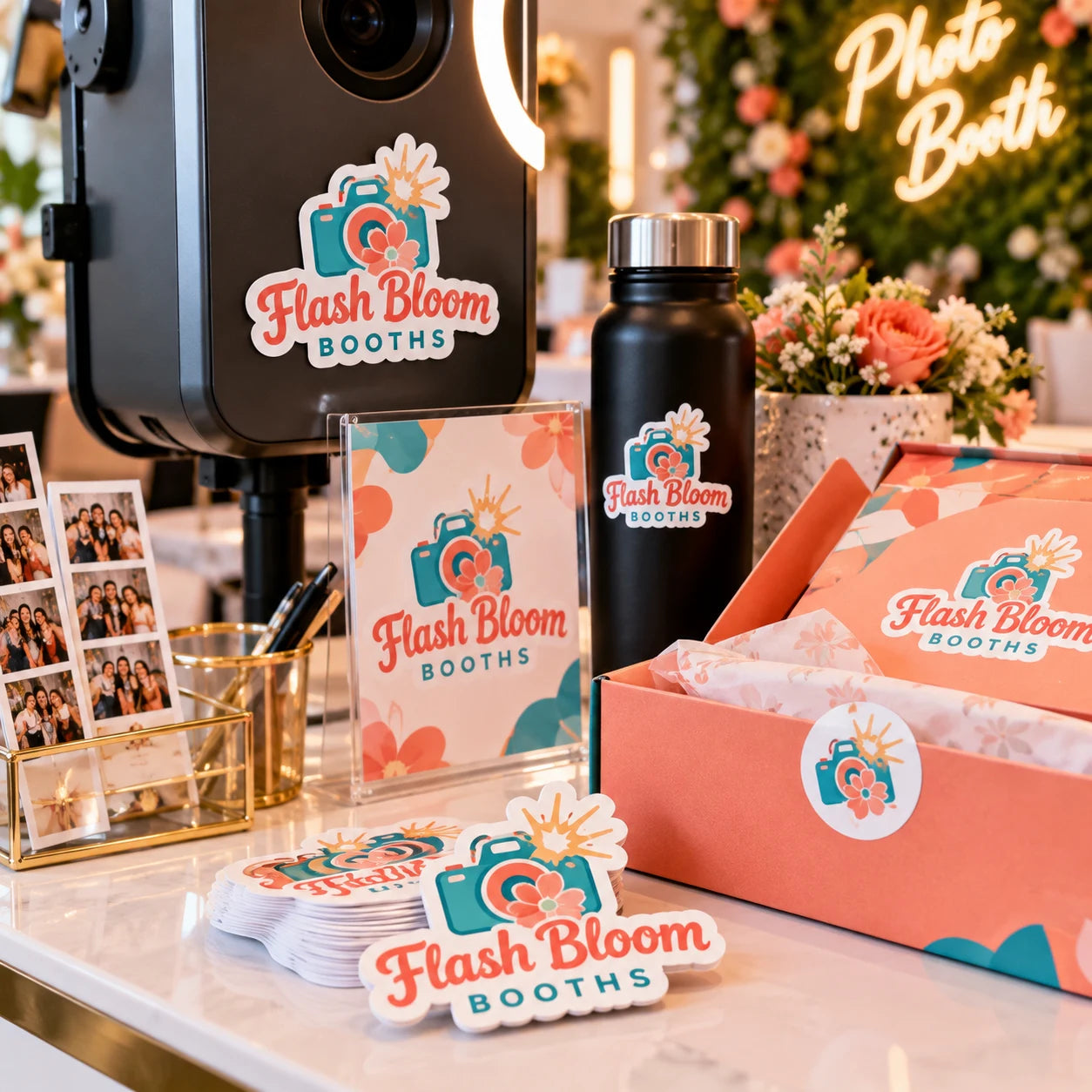 Flash Bloom Booths fictional example storefront with custom lettering and stickers