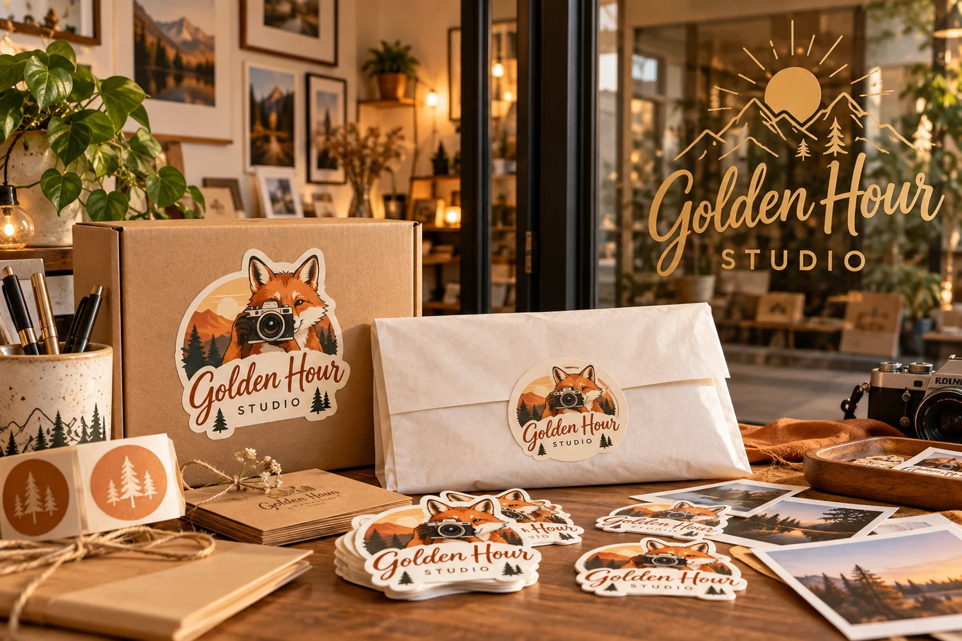 Golden Hour Studio fictional example storefront with custom lettering and stickers