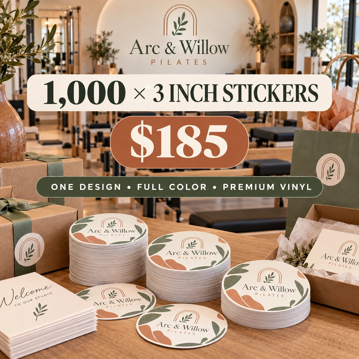Arc & Willow Pilates fictional packaging and sticker ideas