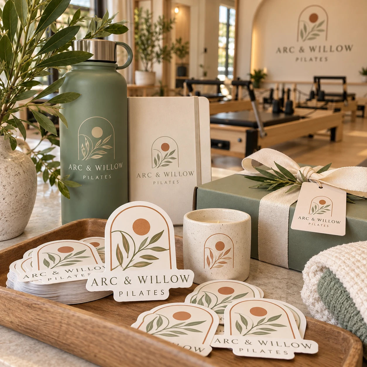 Arc & Willow Pilates fictional example storefront with custom lettering and stickers