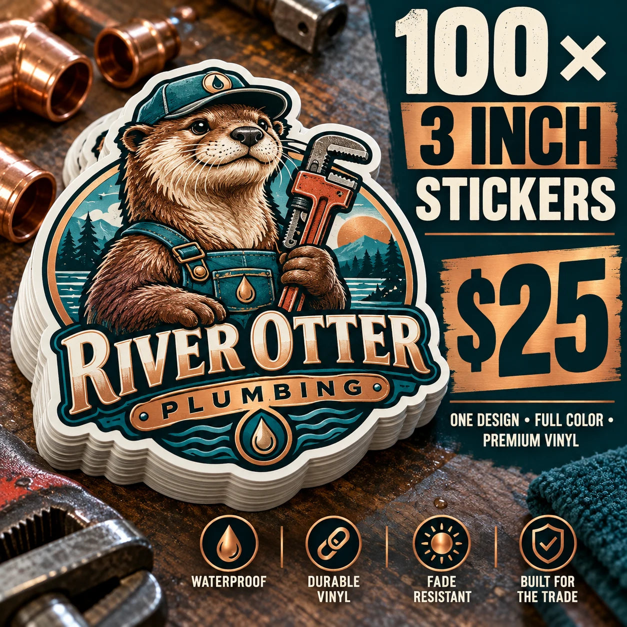 River Otter Plumbing fictional example: 100 custom 3 inch stickers for $25