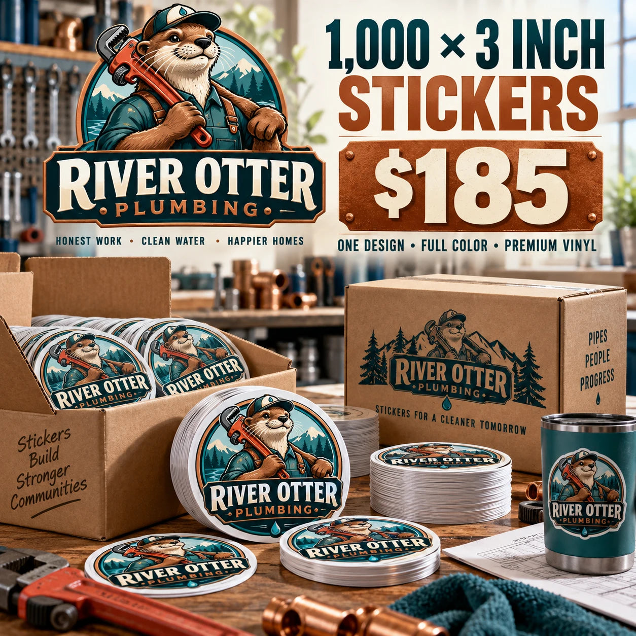 River Otter Plumbing fictional example: 1000 custom 3 inch stickers for $185