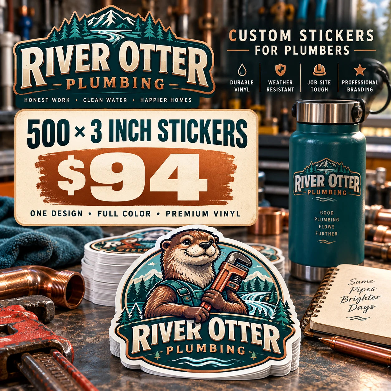 River Otter Plumbing fictional example: 500 custom 3 inch stickers for $94