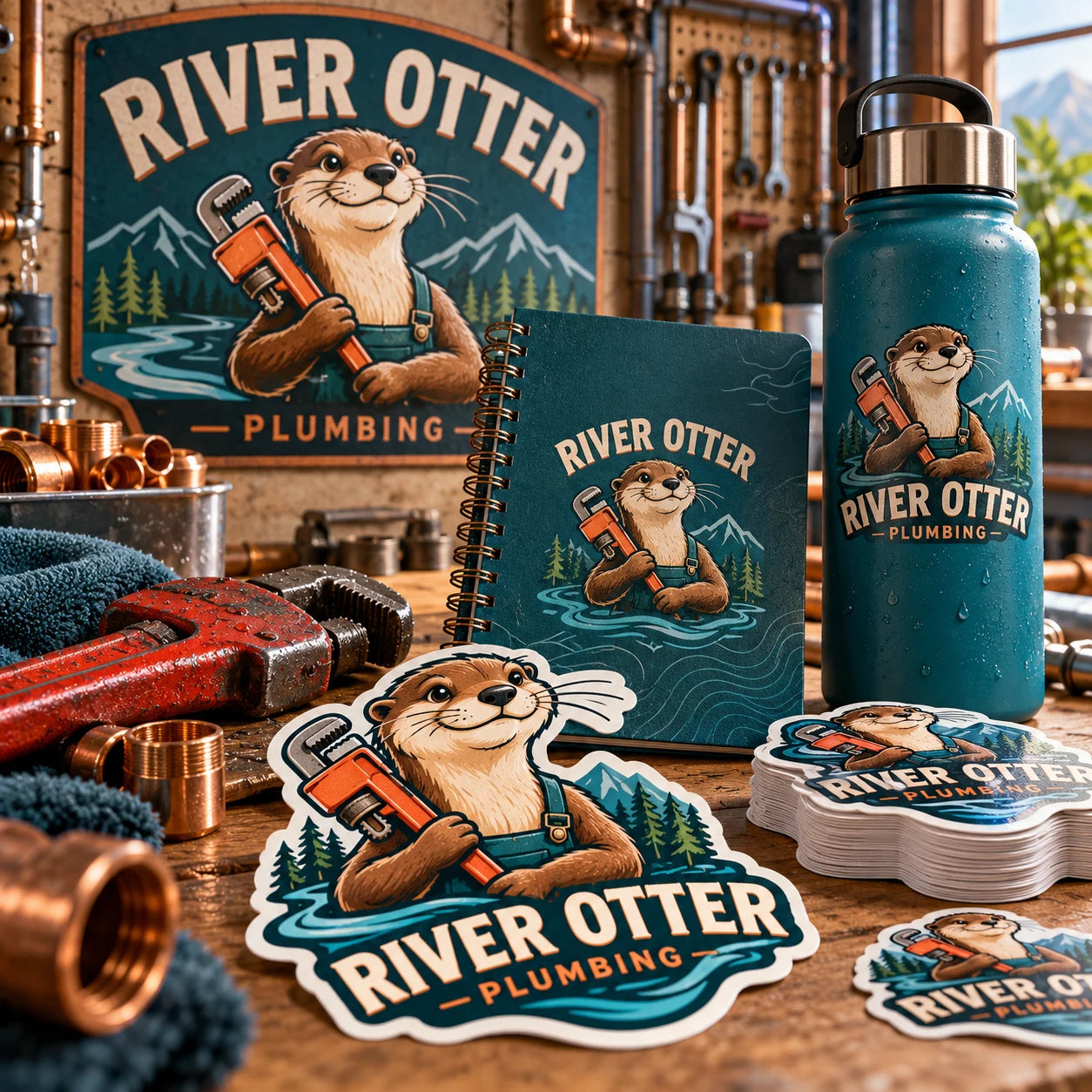 River Otter Plumbing fictional example storefront with custom lettering and stickers
