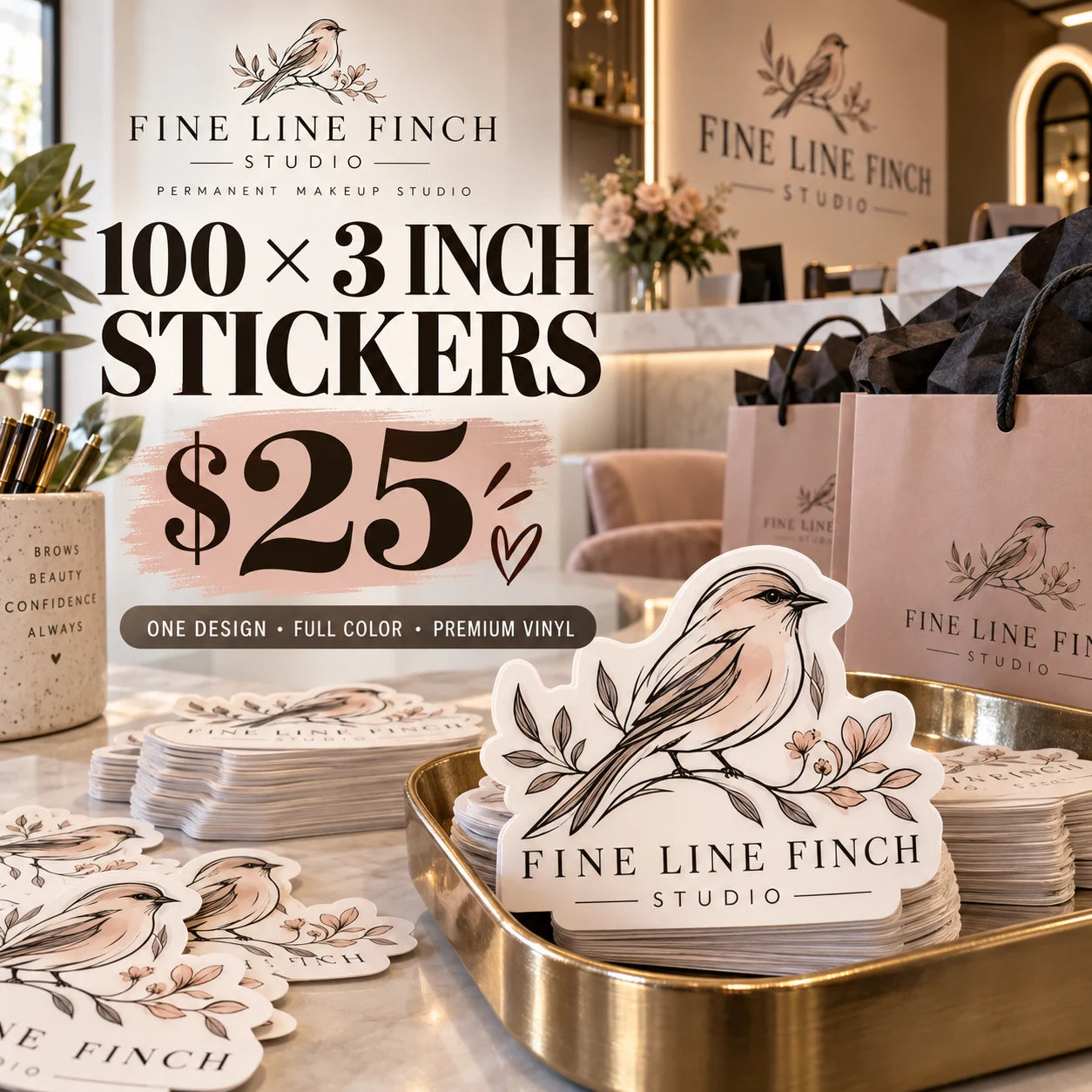 Fine Line Finch Studio fictional example: 100 custom 3 inch stickers for $25