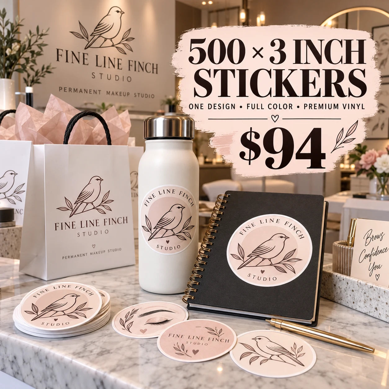 Fine Line Finch Studio fictional example: 500 custom 3 inch stickers for $94