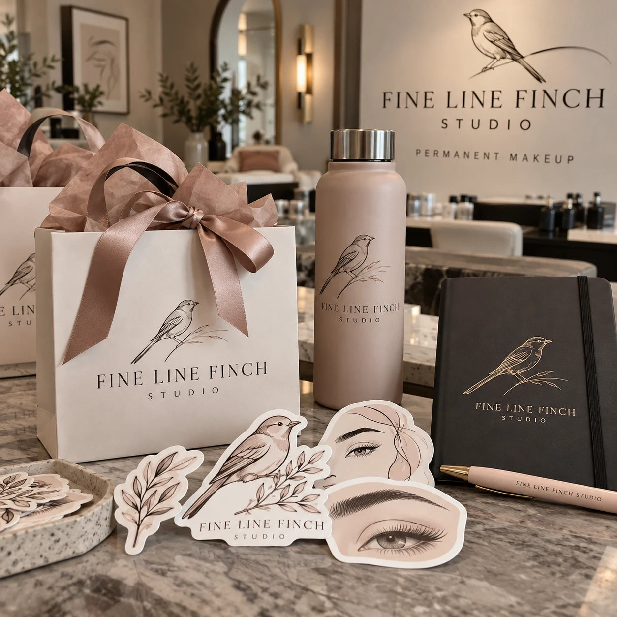 Fine Line Finch Studio fictional example storefront with custom lettering and stickers