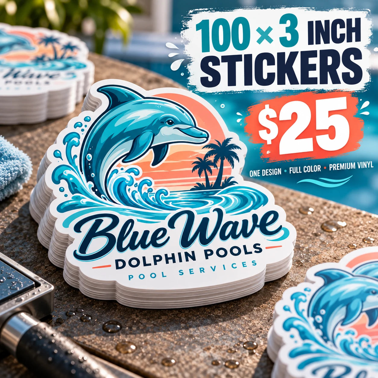 Blue Wave Dolphin Pools fictional example: 100 custom 3 inch stickers for $25