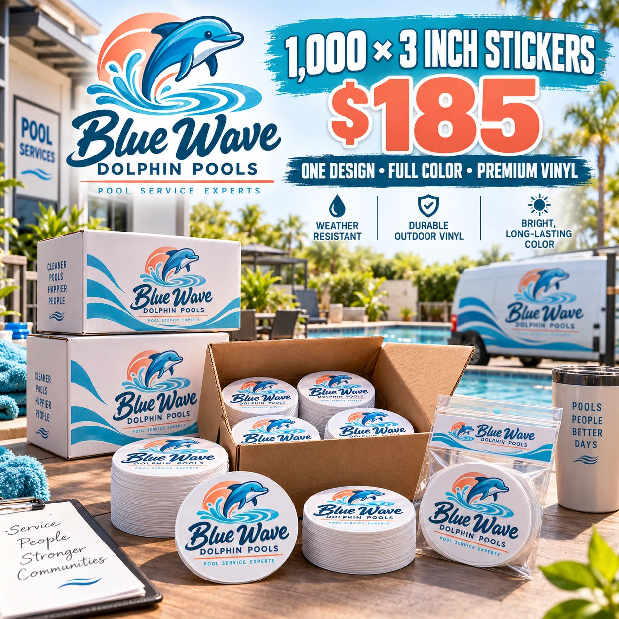 Blue Wave Dolphin Pools fictional example: 1000 custom 3 inch stickers for $185