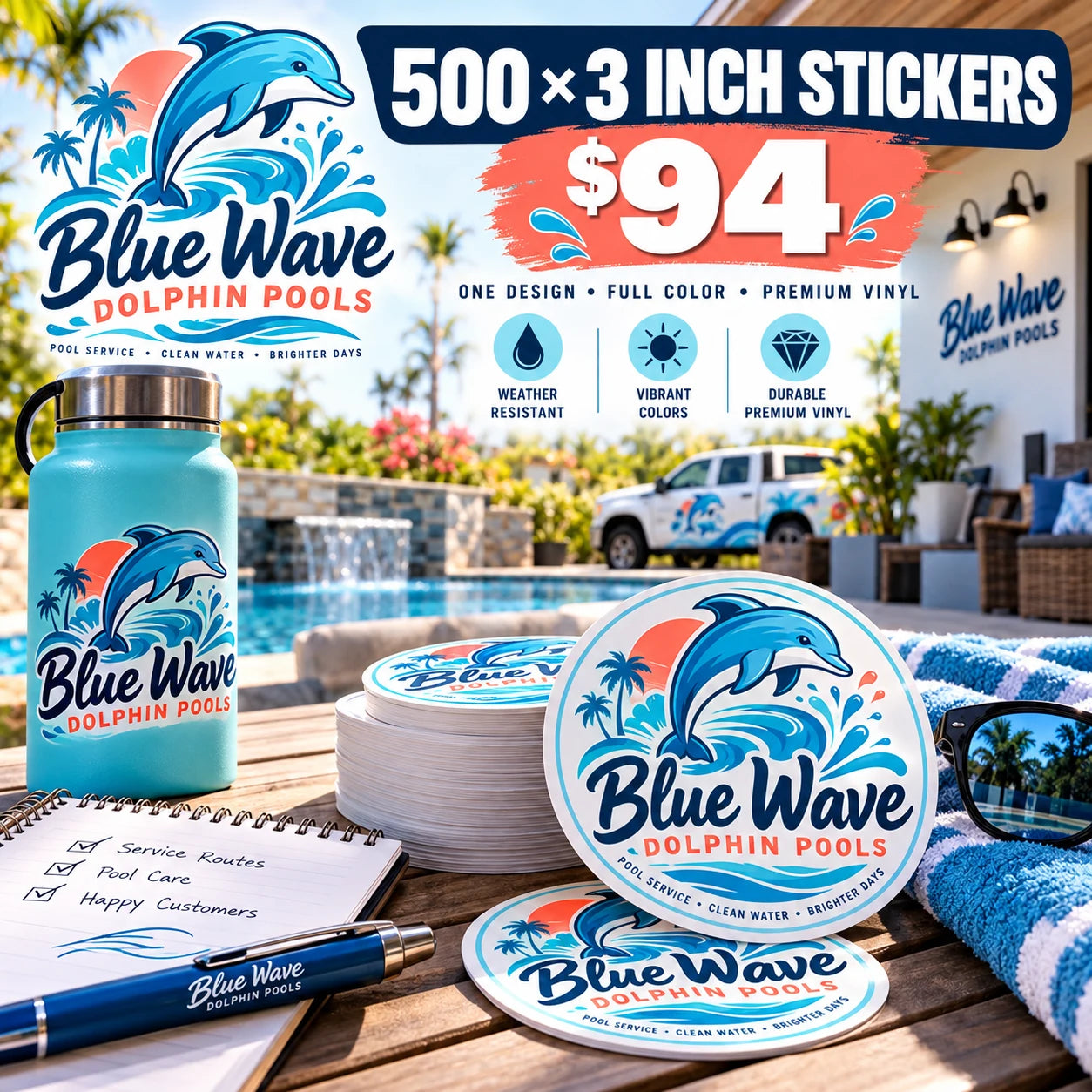 Blue Wave Dolphin Pools fictional example: 500 custom 3 inch stickers for $94