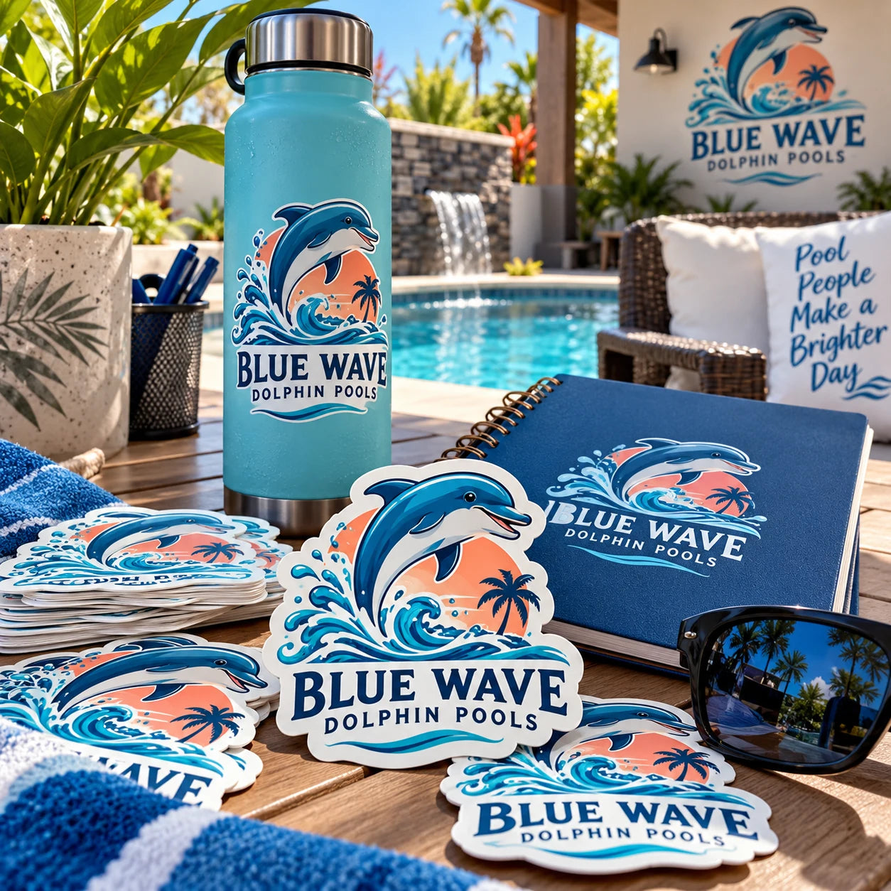 Blue Wave Dolphin Pools fictional example storefront with custom lettering and stickers