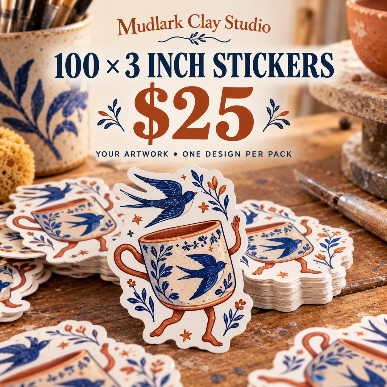 Mudlark Clay Studio fictional example: 100 custom 3 inch stickers for $25