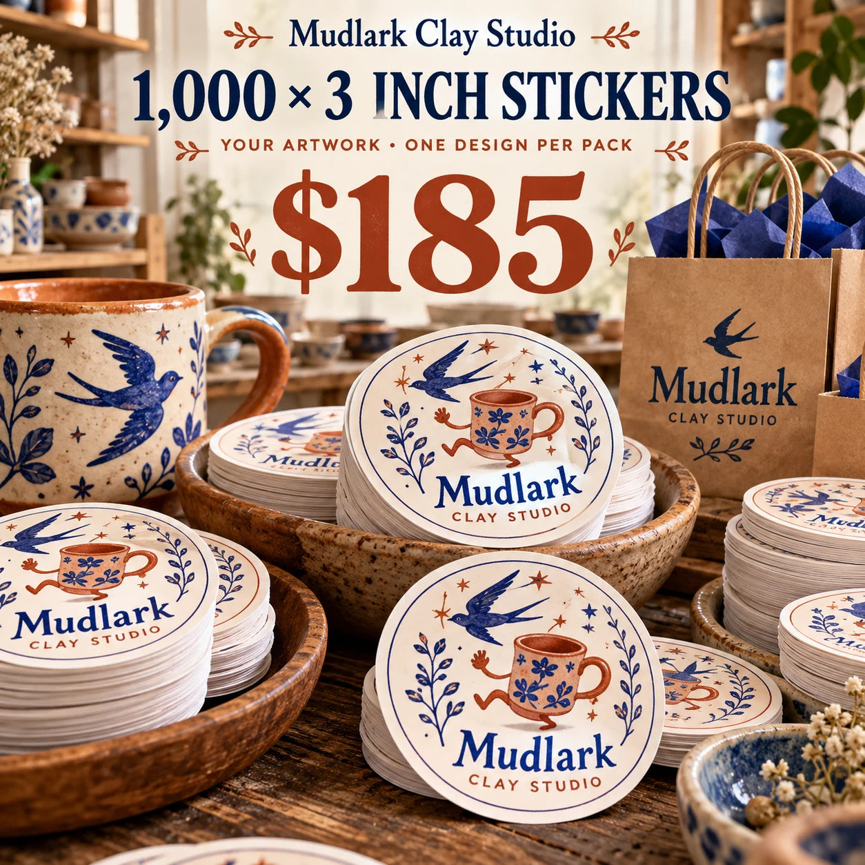 Mudlark Clay Studio fictional example: 1000 custom 3 inch stickers for $185