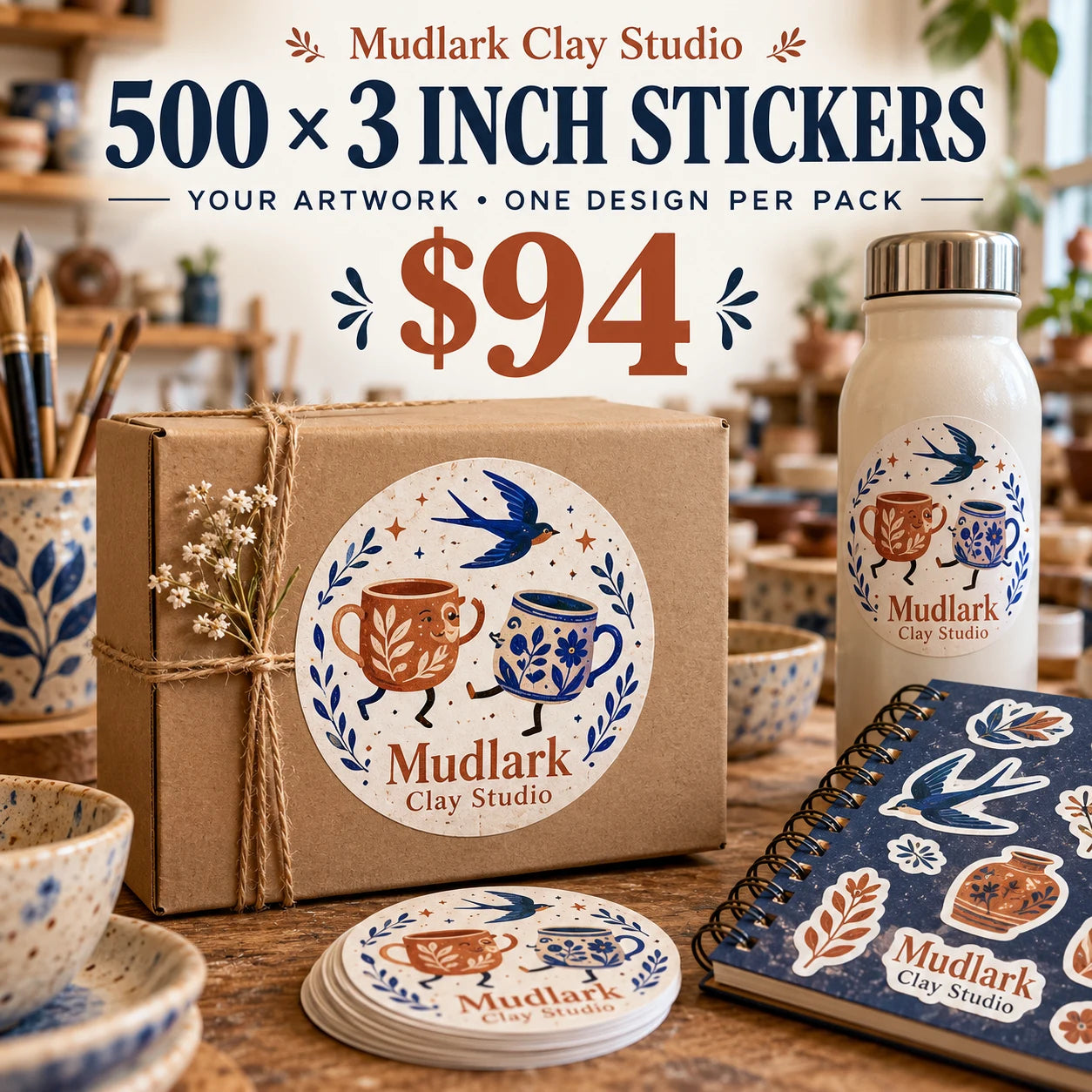 Mudlark Clay Studio fictional example: 500 custom 3 inch stickers for $94