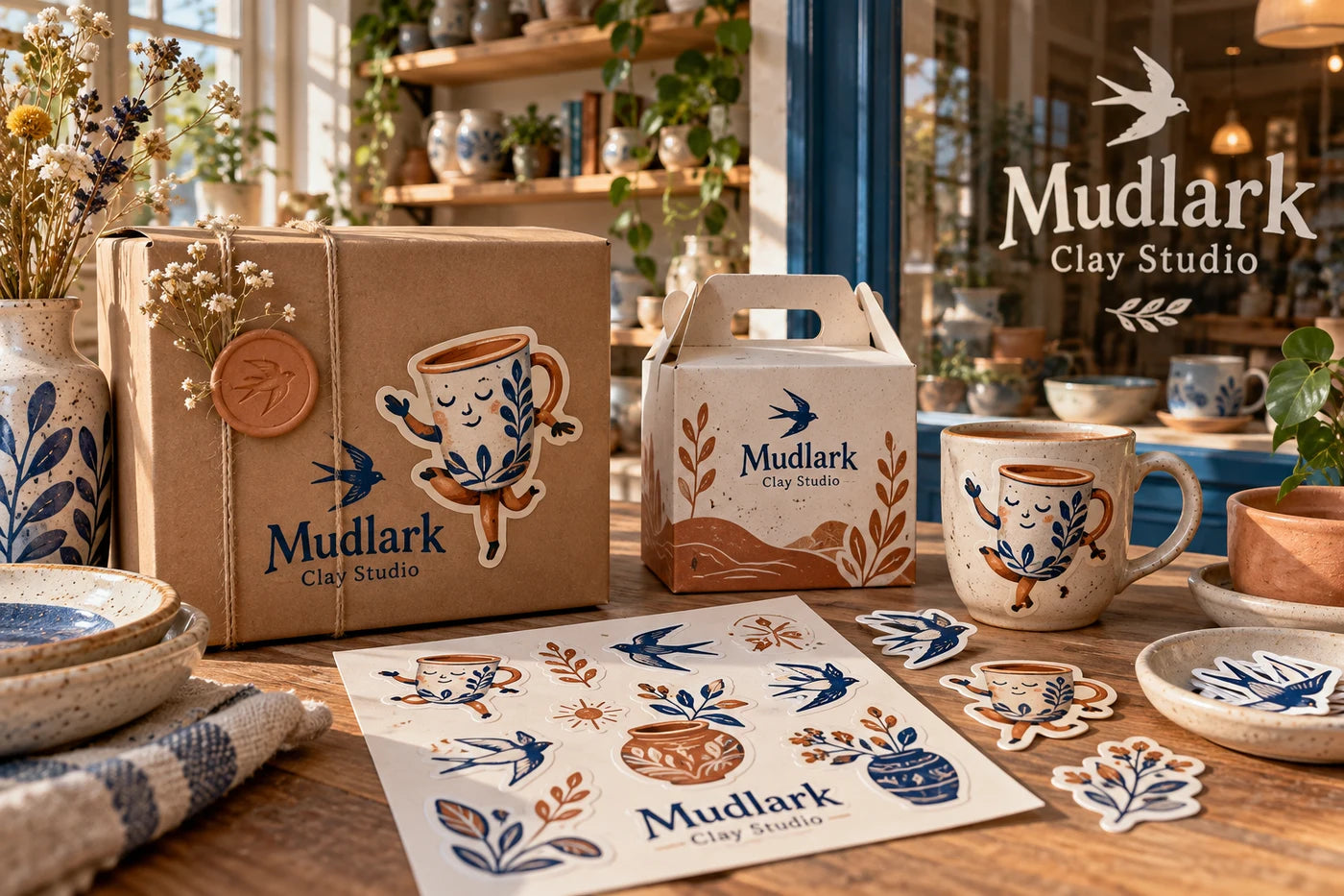 Mudlark Clay Studio fictional example storefront with custom lettering and stickers