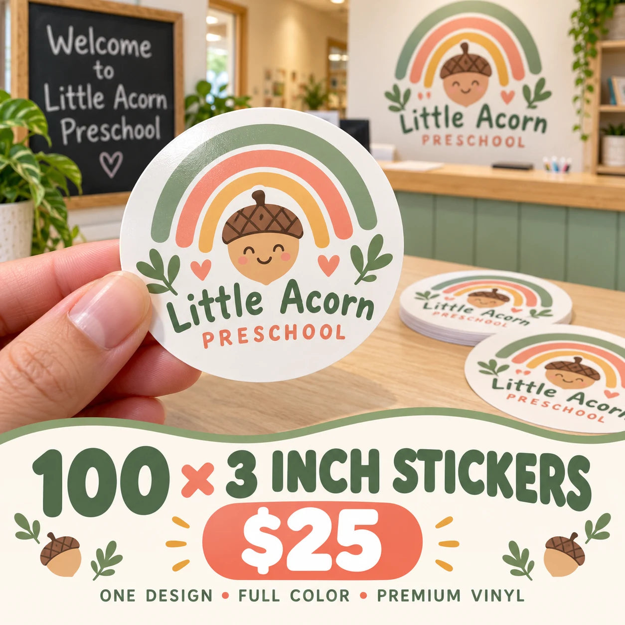 Little Acorn Preschool fictional example: 100 custom 3 inch stickers for $25