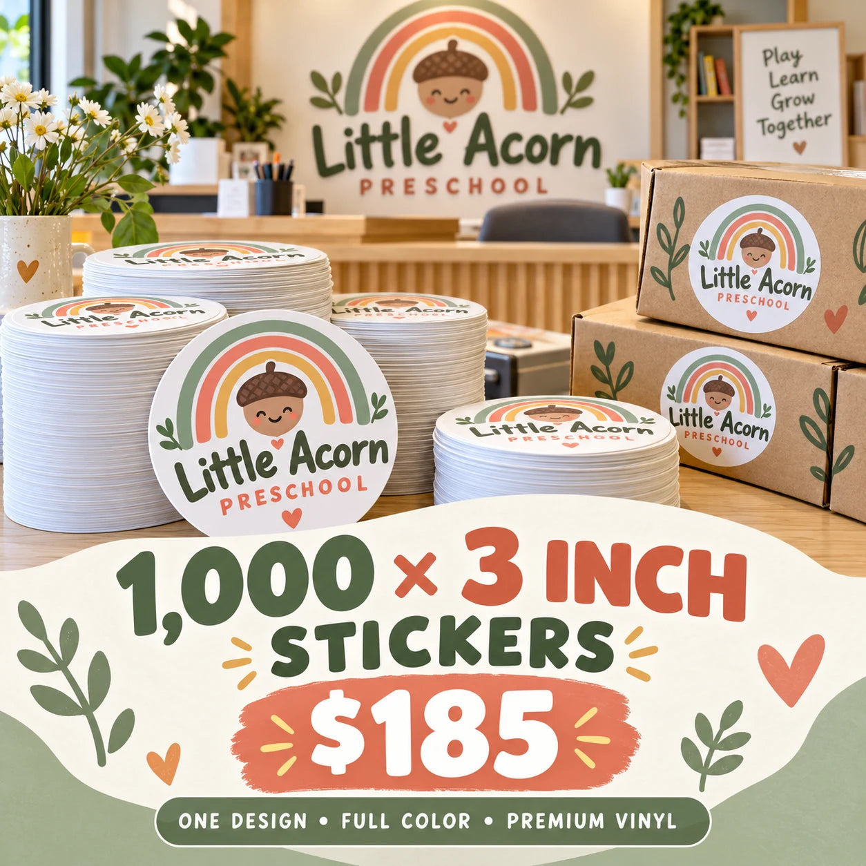 Little Acorn Preschool fictional packaging and sticker ideas