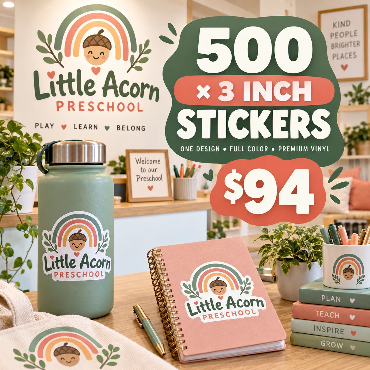 Little Acorn Preschool fictional example: 500 custom 3 inch stickers for $94