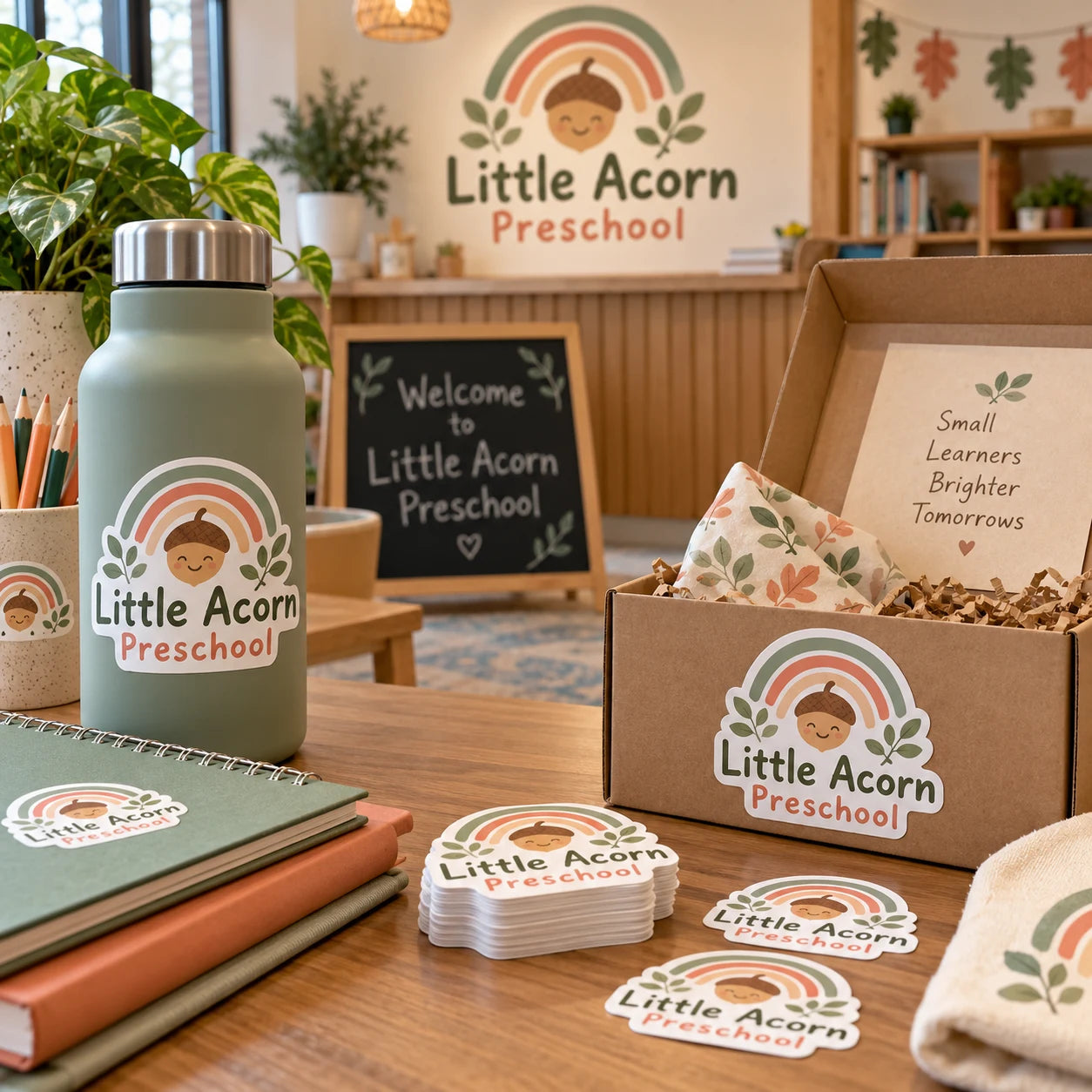 Little Acorn Preschool fictional example storefront with custom lettering and stickers