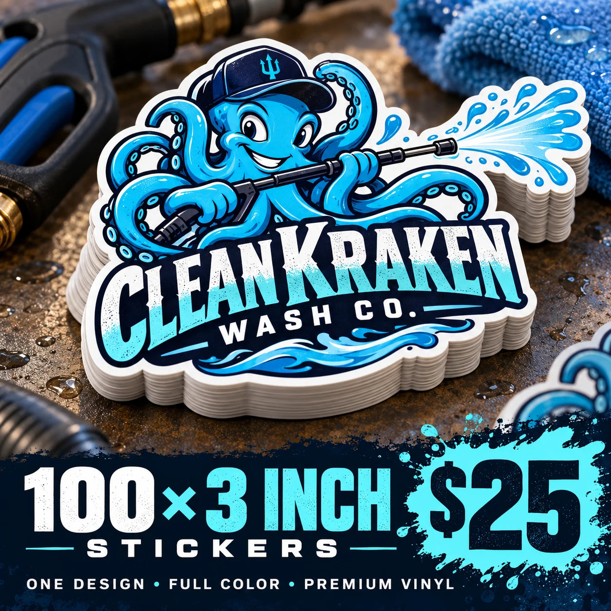 Clean Kraken Wash Co. fictional example: 100 custom 3 inch stickers for $25
