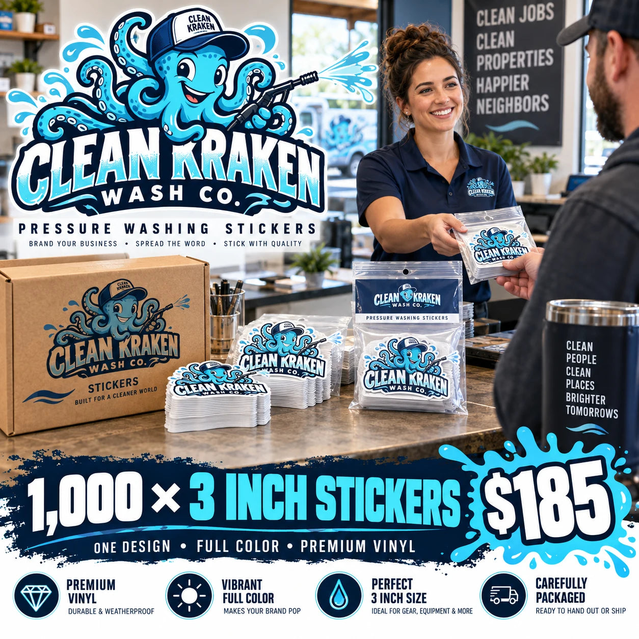 Clean Kraken Wash Co. fictional example: 1000 custom 3 inch stickers for $185