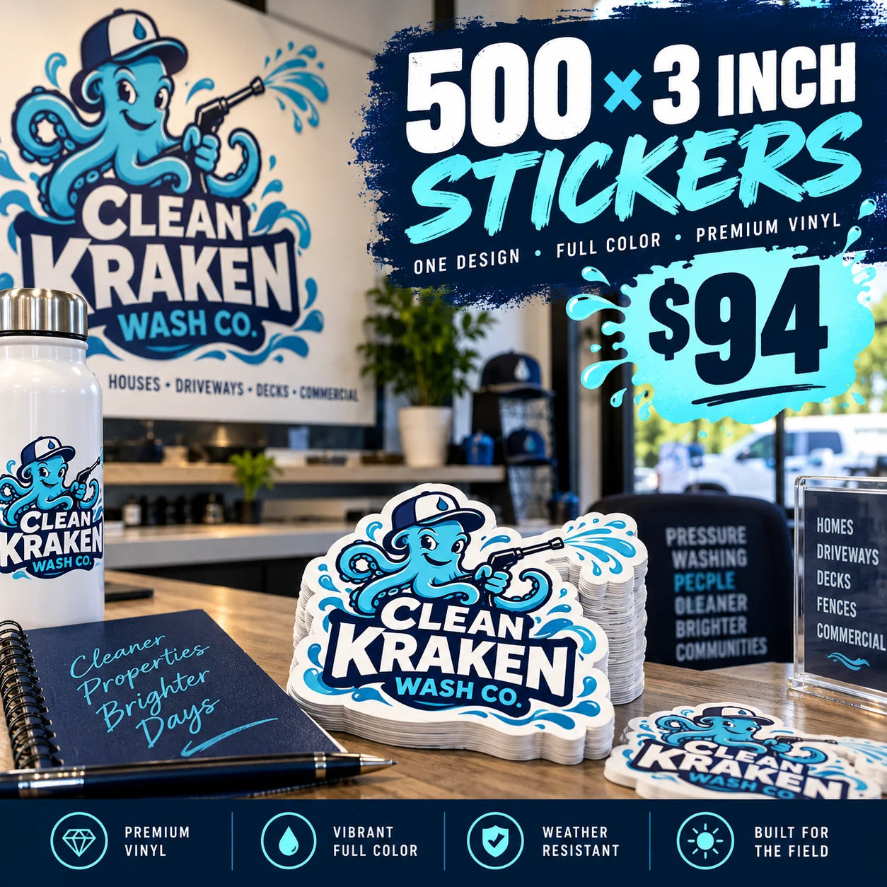 Clean Kraken Wash Co. fictional example: 500 custom 3 inch stickers for $94