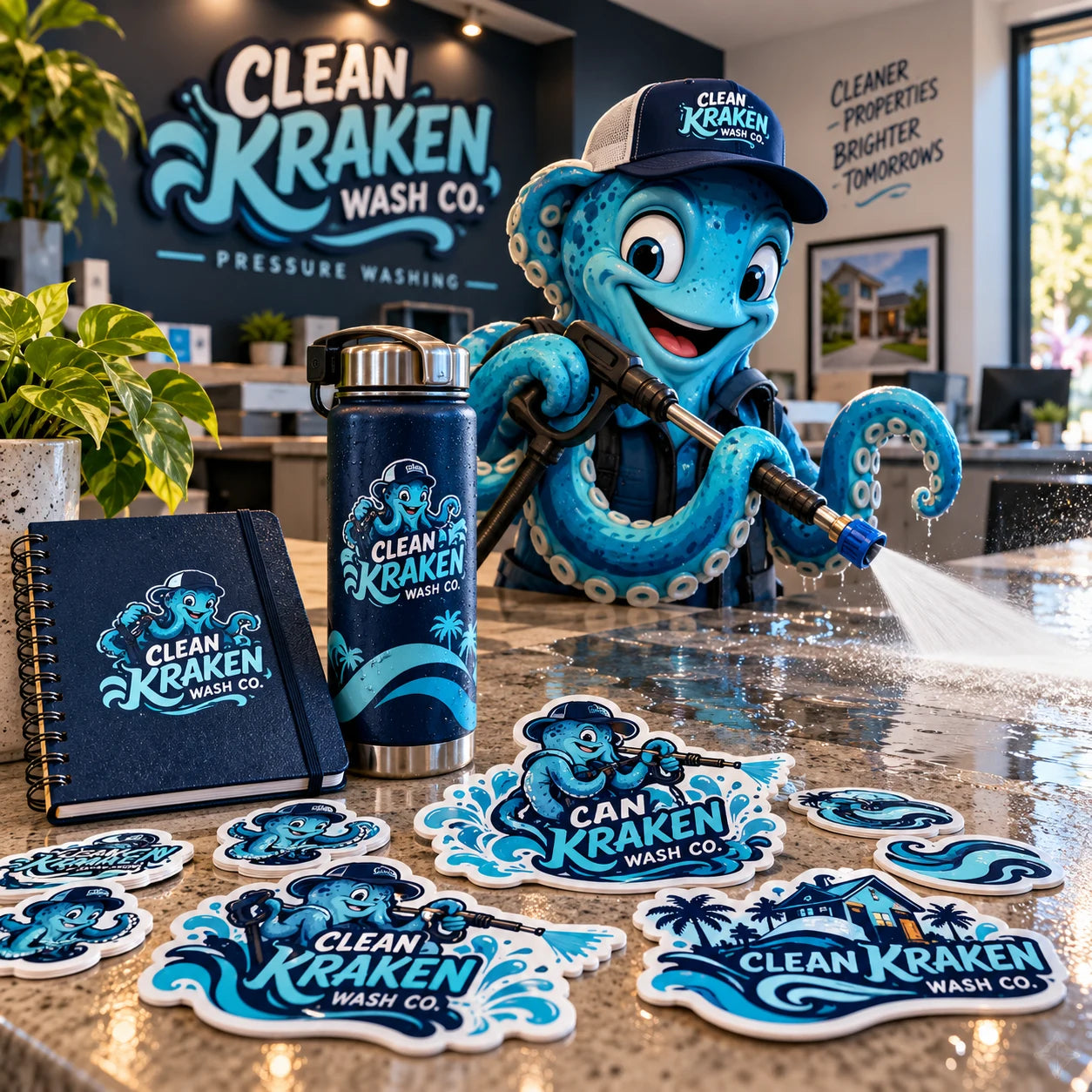 Clean Kraken Wash Co. fictional example storefront with custom lettering and stickers