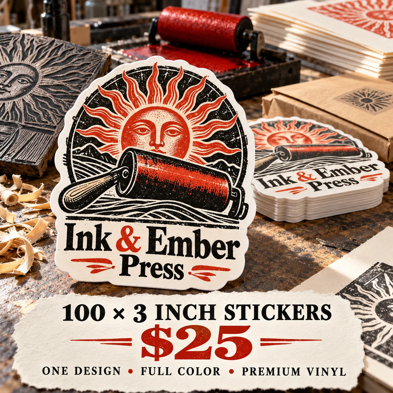 Ink & Ember Press fictional example: 100 custom 3 inch stickers for $25