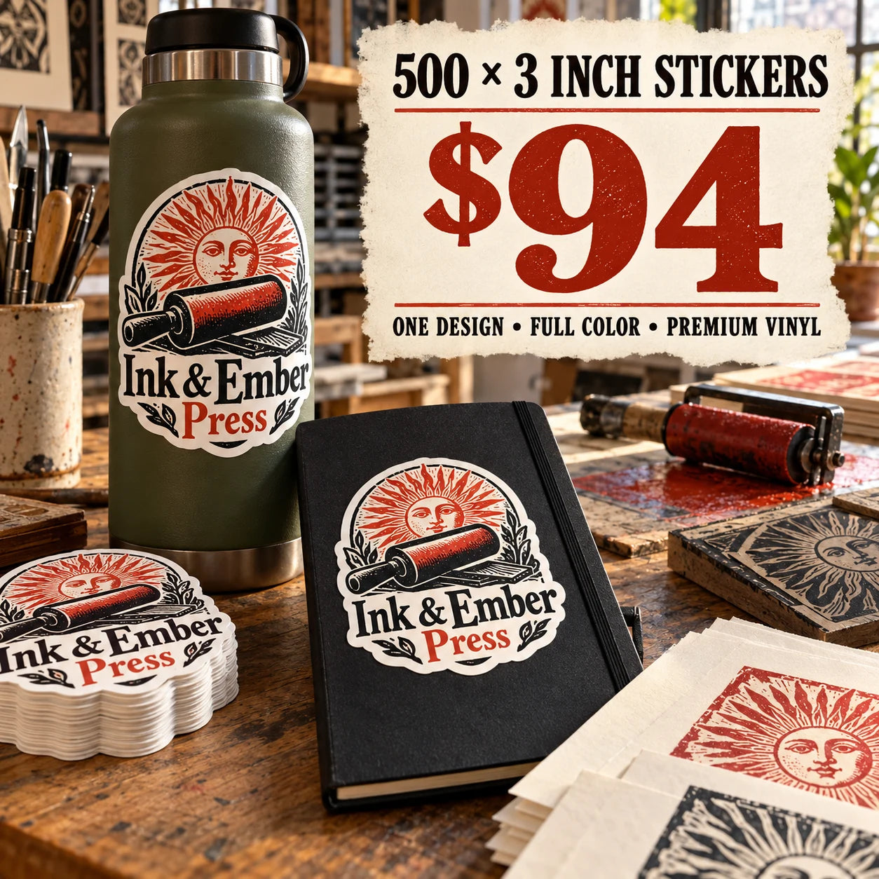 Ink & Ember Press fictional example: 500 custom 3 inch stickers for $94