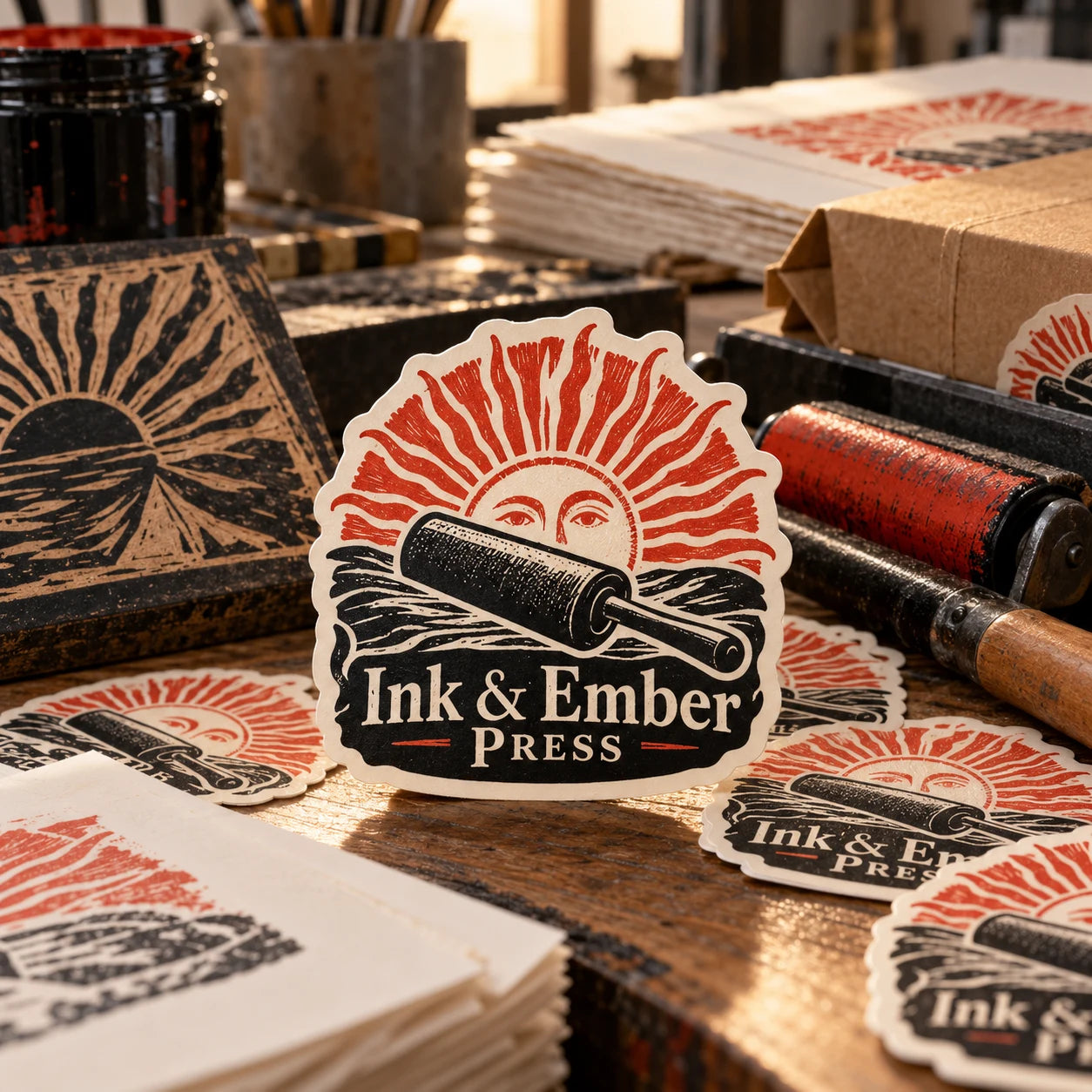 Ink & Ember Press fictional example storefront with custom lettering and stickers