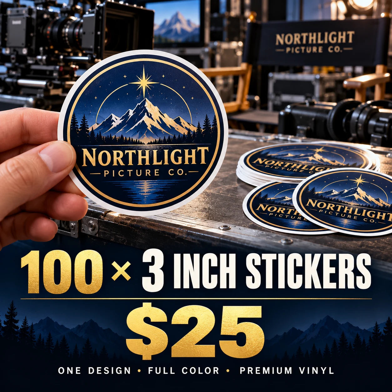 Northlight Picture Co. fictional example: 100 custom 3 inch stickers for $25