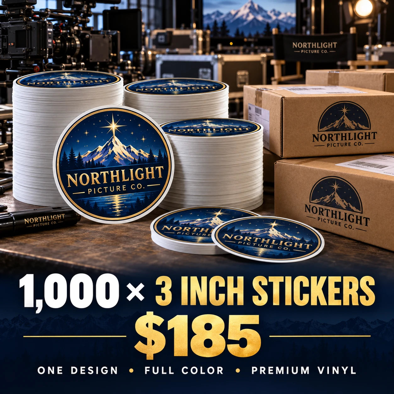 Northlight Picture Co. fictional example: 1000 custom 3 inch stickers for $185