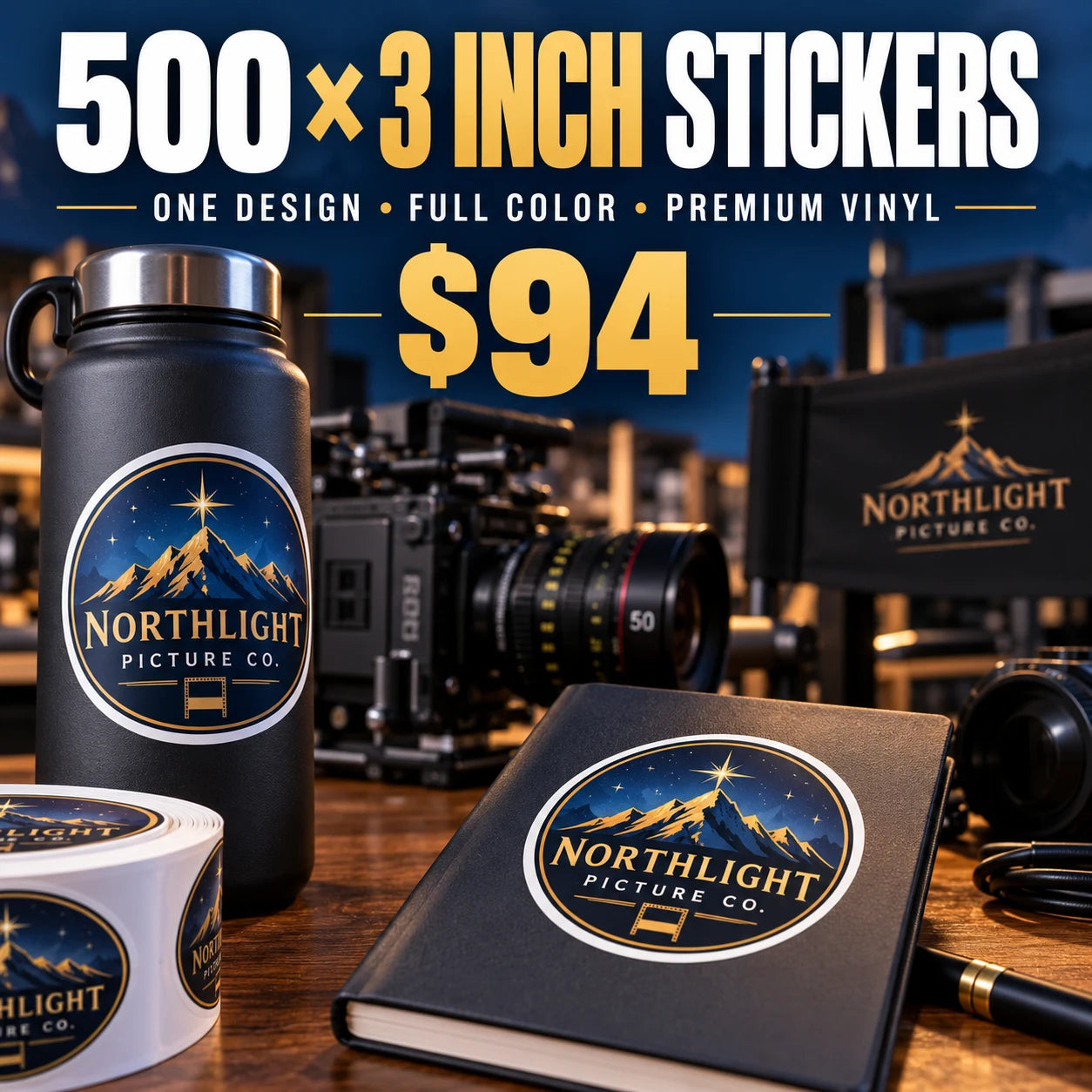 Northlight Picture Co. fictional example: 500 custom 3 inch stickers for $94