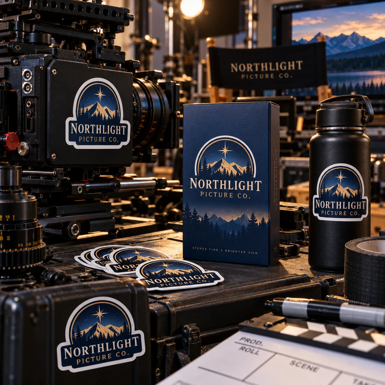 Northlight Picture Co. fictional example storefront with custom lettering and stickers