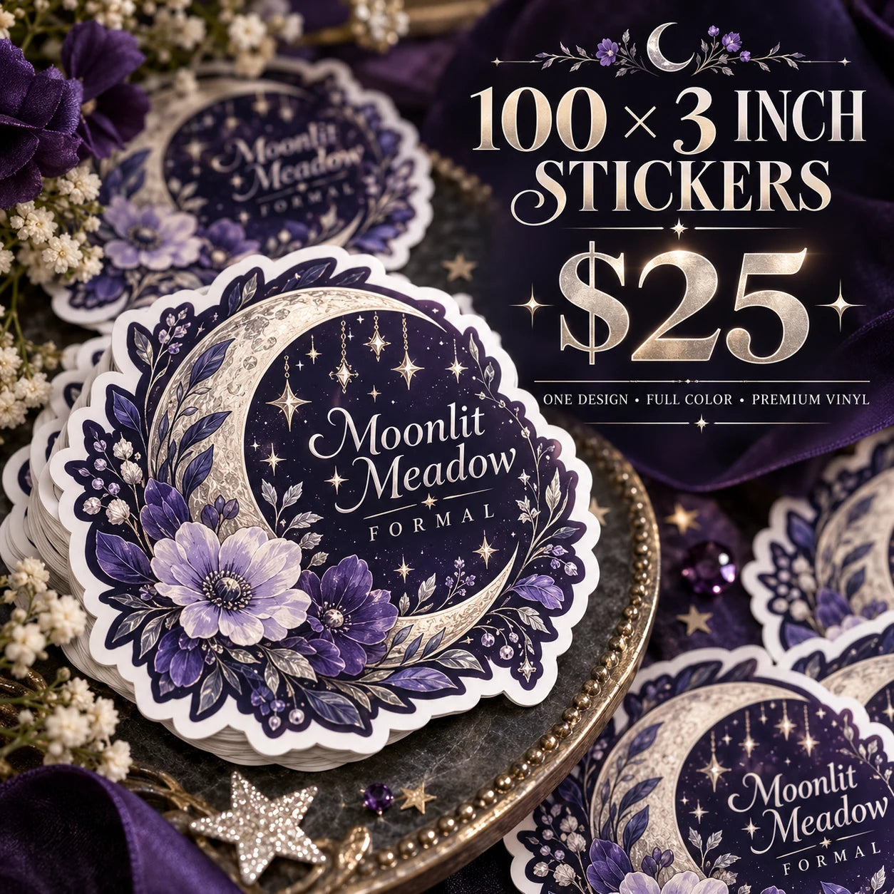 Moonlit Meadow Formal fictional example: 100 custom 3 inch stickers for $25