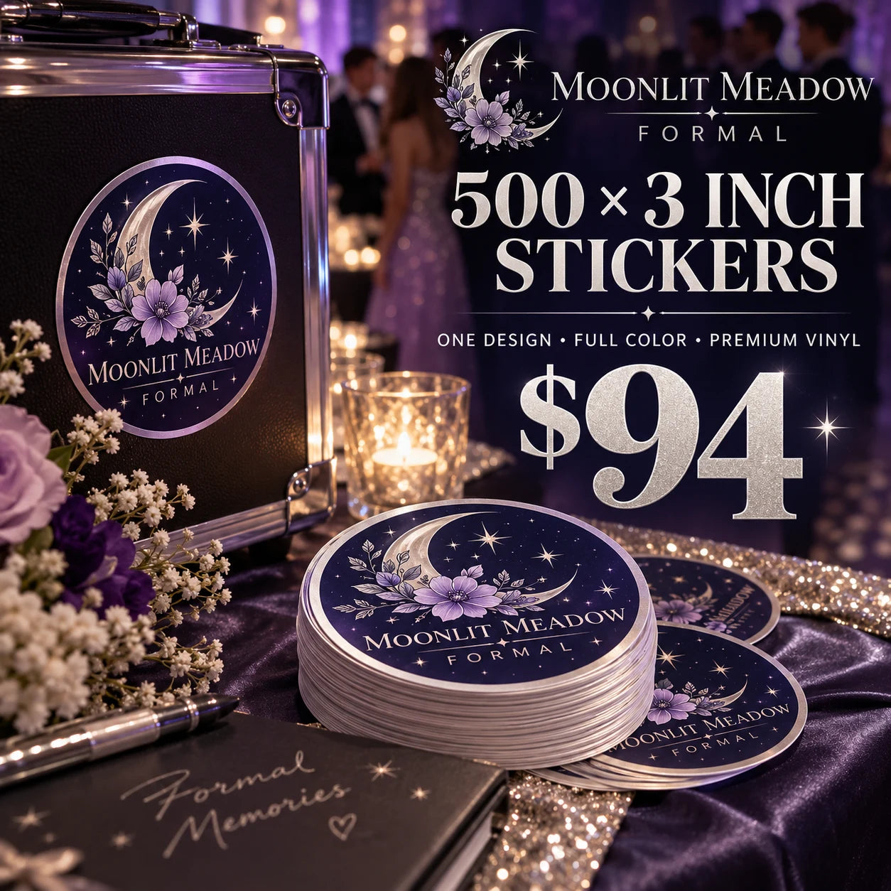Moonlit Meadow Formal fictional example: 500 custom 3 inch stickers for $94