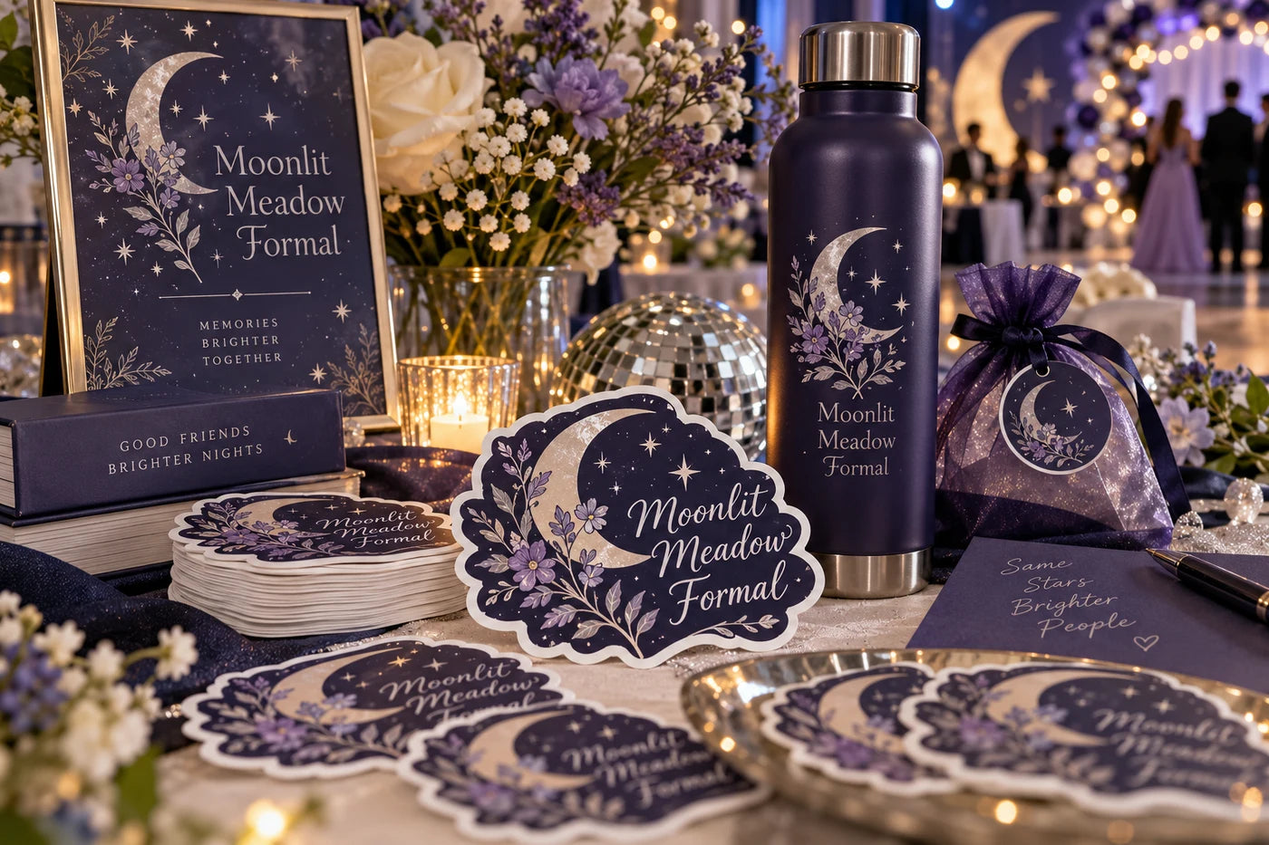 Moonlit Meadow Formal fictional example storefront with custom lettering and stickers