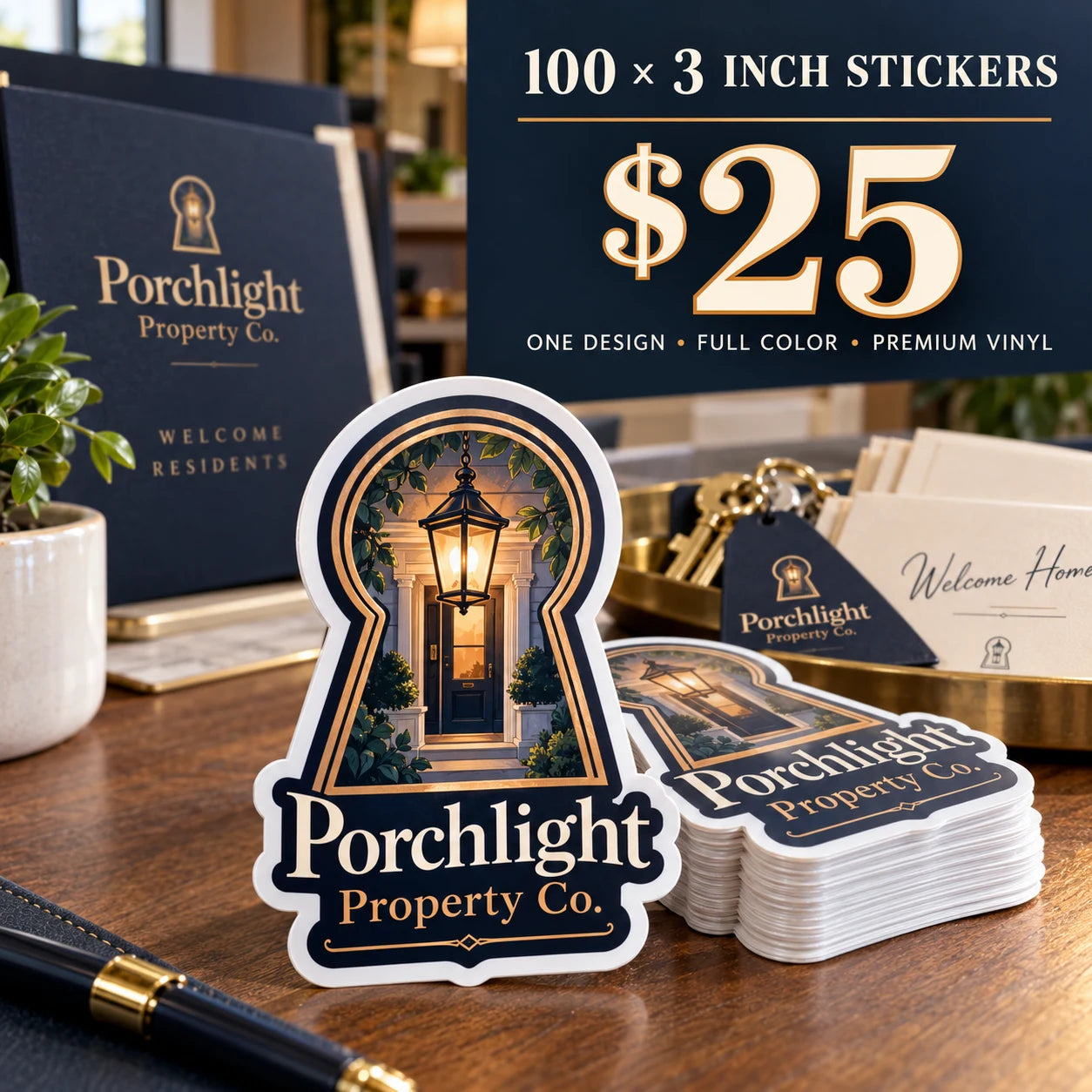 Porchlight Property Co. fictional example: 100 custom 3 inch stickers for $25