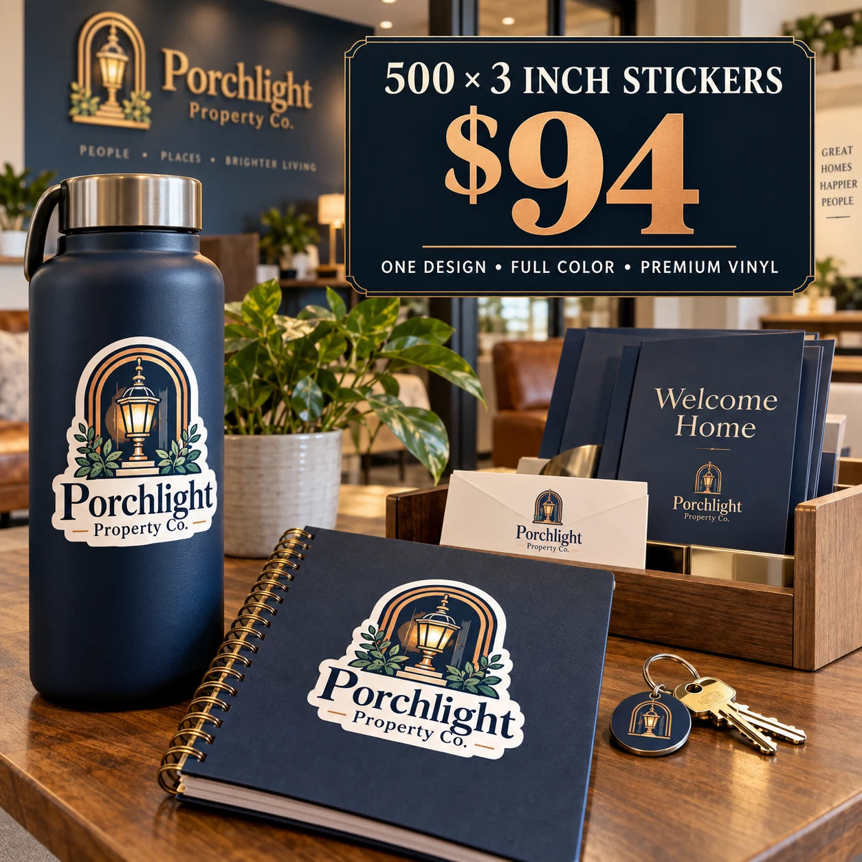 Porchlight Property Co. fictional example: 500 custom 3 inch stickers for $94