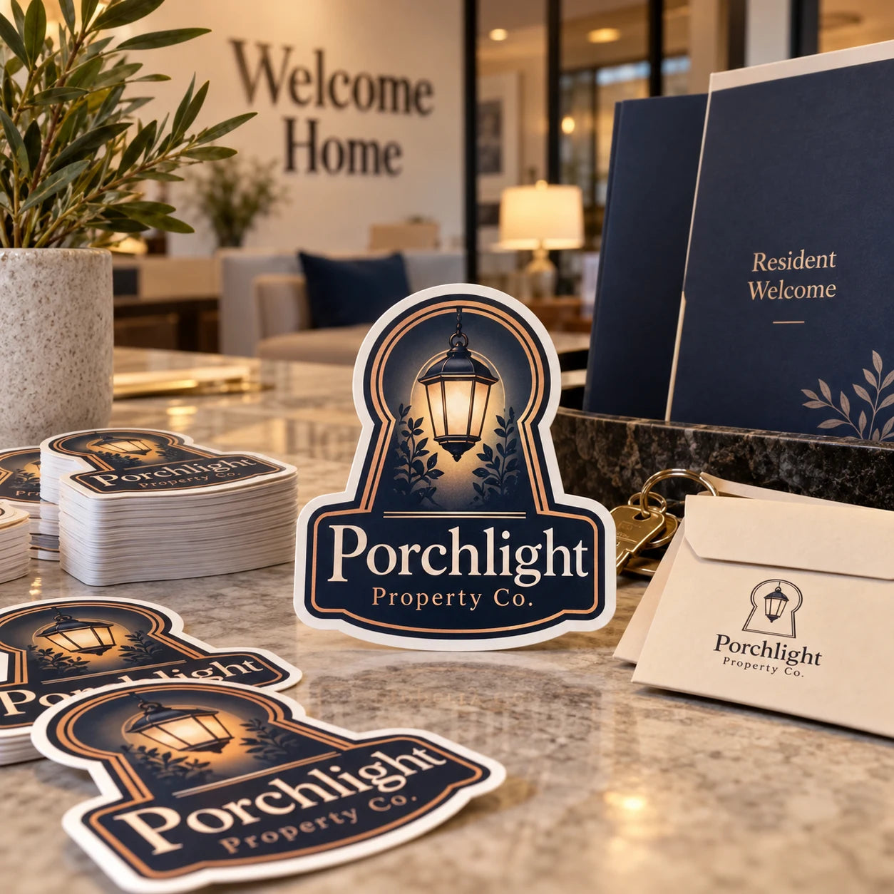 Porchlight Property Co. fictional example storefront with custom lettering and stickers