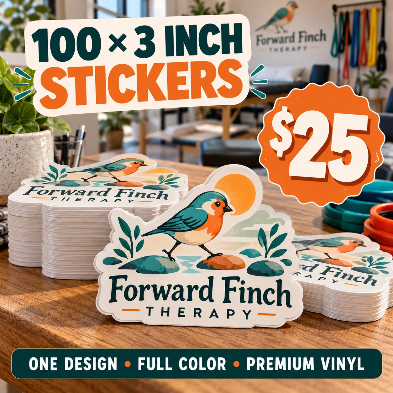 Forward Finch Therapy fictional example: 100 custom 3 inch stickers for $25