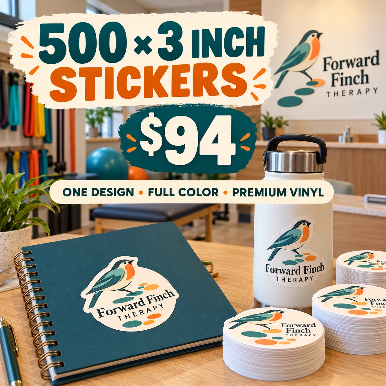 Forward Finch Therapy fictional example: 500 custom 3 inch stickers for $94