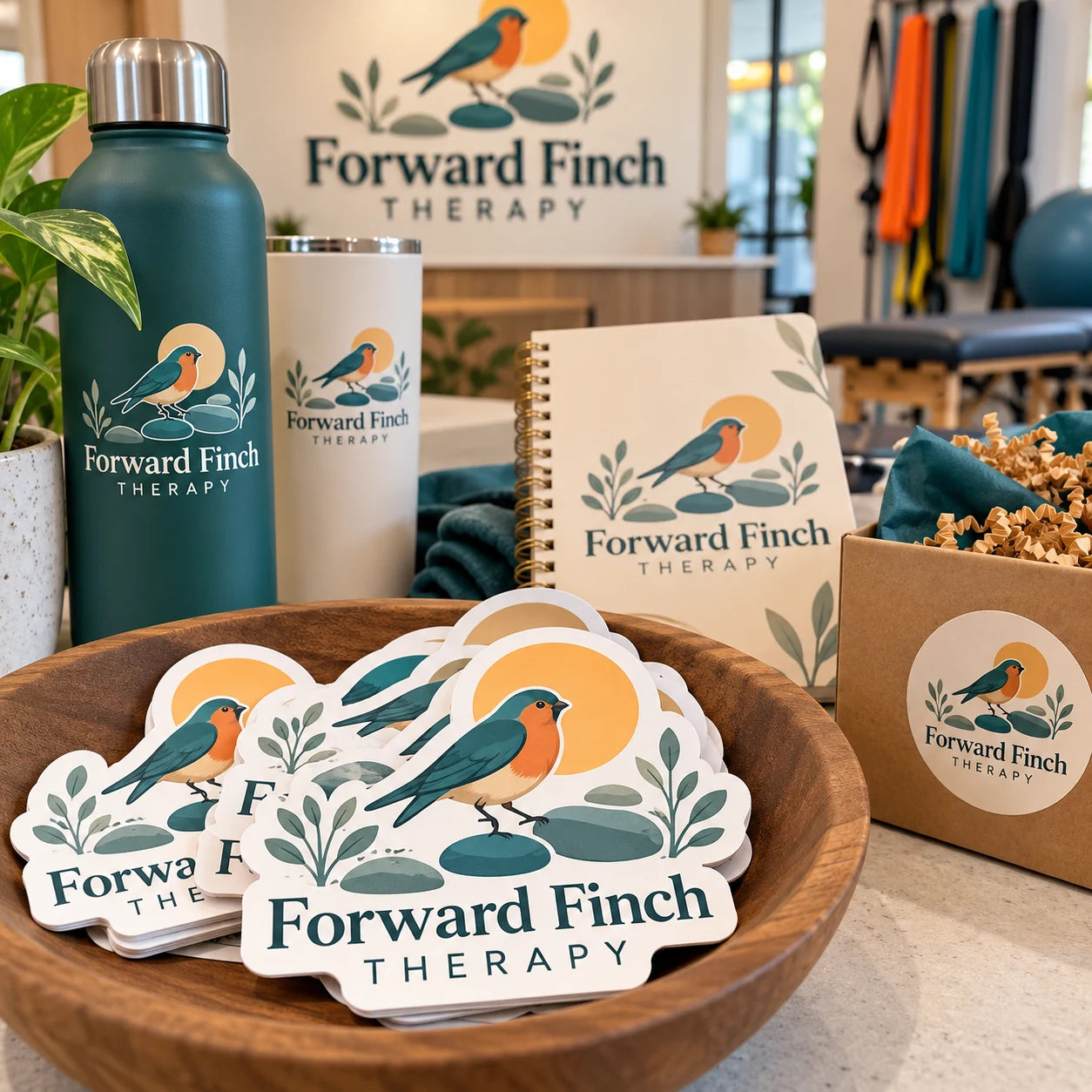 Forward Finch Therapy fictional example storefront with custom lettering and stickers