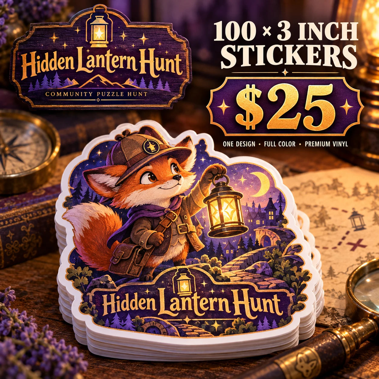 Hidden Lantern Hunt fictional example: 100 custom 3 inch stickers for $25
