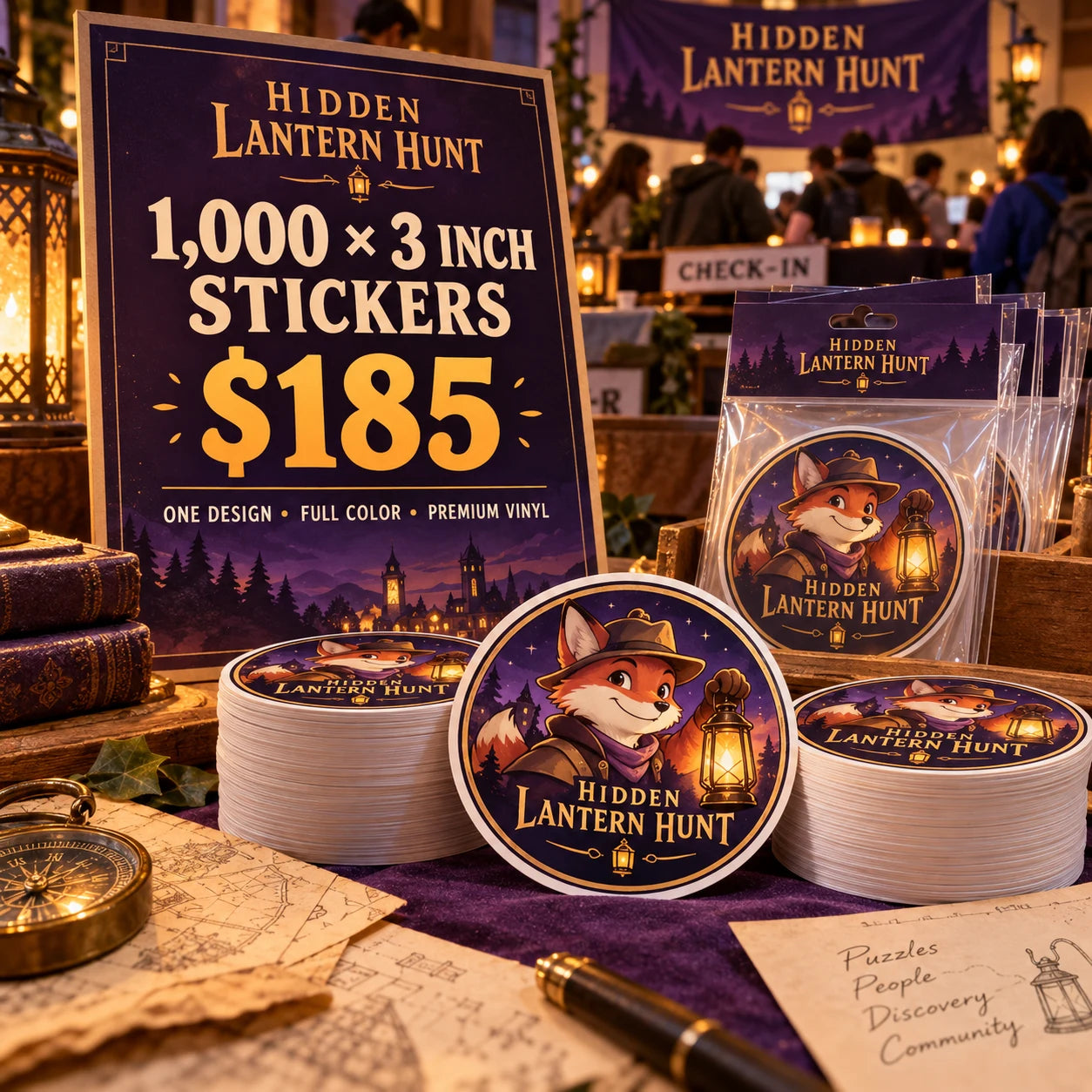 Hidden Lantern Hunt fictional example: 1000 custom 3 inch stickers for $185