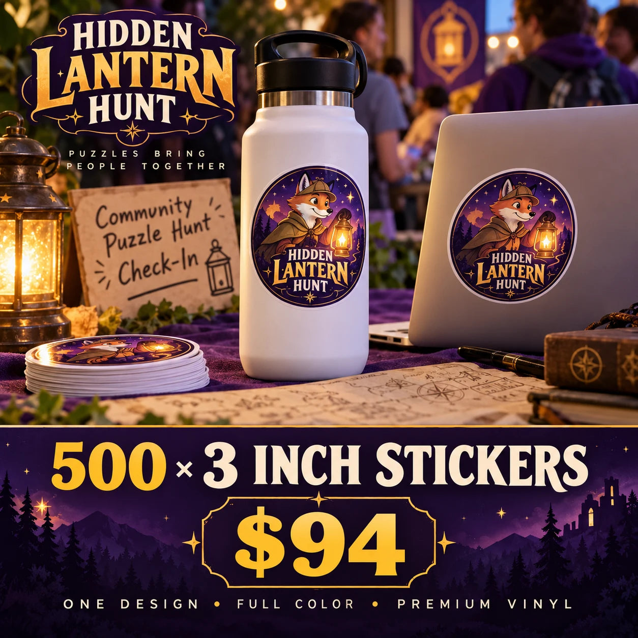 Hidden Lantern Hunt fictional example: 500 custom 3 inch stickers for $94
