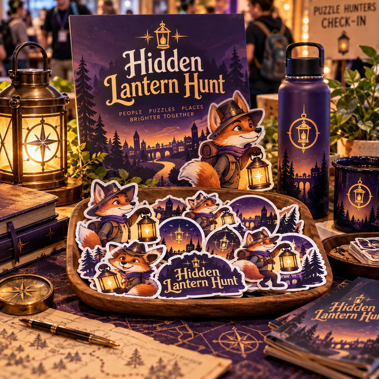 Hidden Lantern Hunt fictional example storefront with custom lettering and stickers